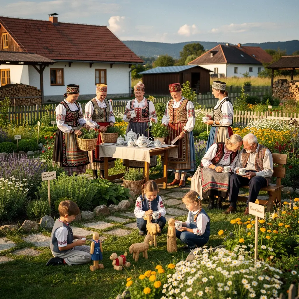 Zátišie s čajovou kanvicou a šálkami obklopené prírodnými ingredienciami.