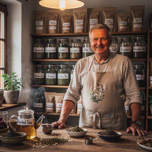 Tradičný šálka bylinkového čaju s čerstvými bylinkami a medom na drevenom stole.